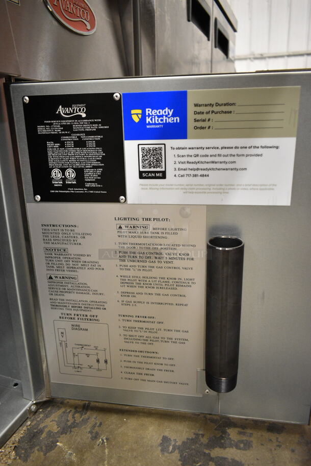 BRAND NEW SCRATCH AND DENT! 2023 Avantco 177FF40L Stainless Steel Commercial Floor Style Liquid Propane 40 lb. Stainless Steel Deep Fat Fryer w/ 2 Metal Fry Baskets and Commercial Casters. 90,000 BTU - Image 9 of 10