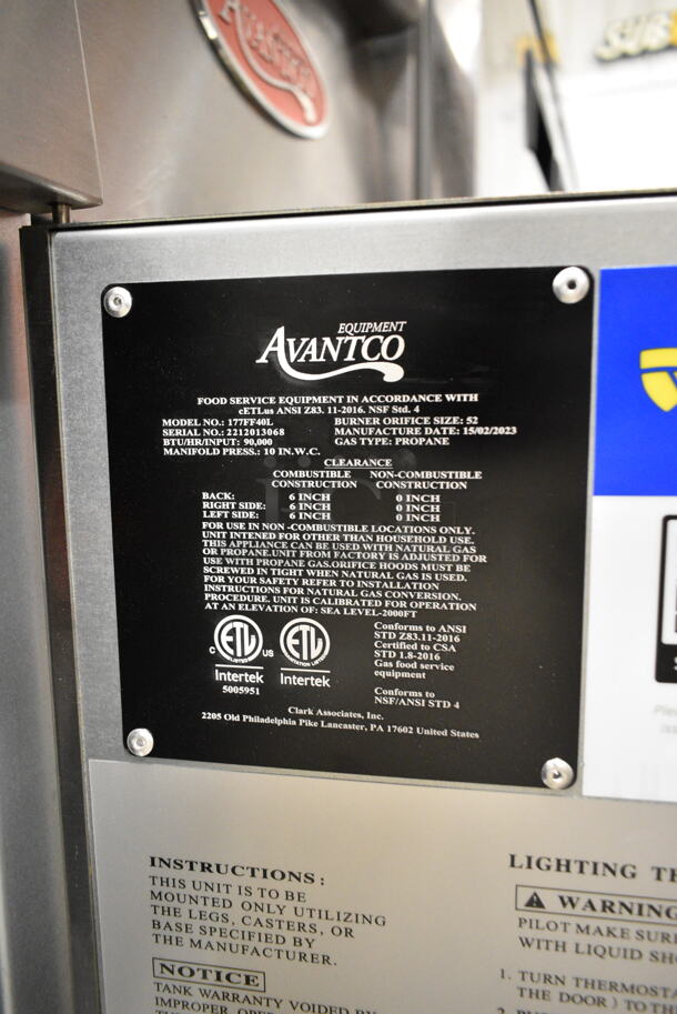 BRAND NEW SCRATCH AND DENT! 2023 Avantco 177FF40L Stainless Steel Commercial Floor Style Liquid Propane 40 lb. Stainless Steel Deep Fat Fryer w/ 2 Metal Fry Baskets and Commercial Casters. 90,000 BTU - Image 10 of 10