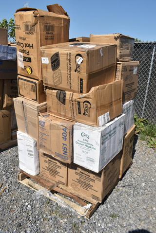 PALLET LOT of 20 BRAND NEW Boxes Including 500TO993C3 Choice 9" x 9" x 3" Microwaveable 3-Compartment Black / Clear Plastic Hinged Container - 100/Case, 500TO1183 Microwaveable 2-Compartment Black, 5003DNAP Choice 15" x 17" White 3-Ply Dinner Napkin - 2000/Case, 2 Box Dart 85HT3R 8" x 8" x 3" White Foam Three-Compartment Square Take Out Container with Perforated Hinged Lid - 200/Case, 760FF16 Choice 16 oz. French Fry Cup - 1000/Case, 164MB912BLK Choice 9" x 12 1/2" Black Wood Color Menu Holder / Presenter with Straps, 128HD8COMBO Choice Heavy Duty 8 oz. Microwavable Translucent Plastic Deli Container and Lid Combo Pack - 240/Case, 50016W Choice 16 oz. White Poly Paper Hot Cup - 1000/Case. 20 Times Your Bid! 