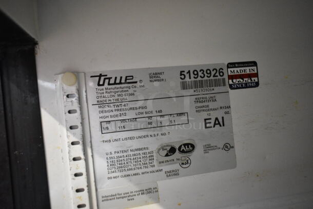 True TWT-67 Stainless Steel Commercial 2 Door Work Top Cooler on Commercial Casters. 1 Caster Needs Repair. 115 Volts, 1 Phase. Tested and Working! - Image 6 of 6