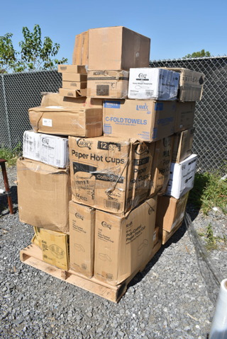 PALLET LOT of 41 BRAND NEW Boxes Including 2 Box 760SOUP8KPA Choice 8 oz. Kraft Poly-Coated Paper Food Cup with Vented Paper Lid - 250/Case, 50012C Choice 12 oz. Coffee Print Poly Paper Hot Cup - 1000/Case, 130WHSPOONH Choice White Heavy Weight Plastic Teaspoon - 1000/Case, 500CFT Lavex White C-Fold Standard Weight Towel - 2400/Case, 5014046XXH Lavex Pro 45 Gallon 3 Mil 40" x 46" Low Density Heavy-Duty Industrial Contractor Black Trash Bag / Can Liner - 50/Case, 130WHSPOONH Choice White Heavy Weight Plastic Teaspoon - 1000/Case, 130WBKFORKH Choice Black Heavy Weight Wrapped Plastic Fork - 1000/Case, 500LFLAT Choice Clear Flat Lid with Straw Slot - 9, 12, 16, 20, and 24 oz. - 1000/Case, 50010RIPKRPE Choice 10 oz. Double Wall Ripple Kraft Paper Hot Cup - 500/Case, 129MCR16B Choice 16 oz. Black 6 1/4" Round Microwavable Heavy Weight Container with Lid - 150/Case, 129MCS24B Choice 24 oz. Black Rectangular Microwavable Heavy Weight Container with Lid 8" x 5 1/4" x 2" - 150/Case, 50010W Choice 10 oz. White Poly Paper Hot Cup - 1000/Case, 124ASEAS12 American Metalcraft ASEAS12 12" Round Silver Hammered Aluminum Seafood Tray, 127CH16F Choice 16 oz. Clear RPET Tall Hinged Deli Container - 200/Case, 4 Box 475TCC0602 Lavex 6 9/16" x 2" Round Stainless Steel In-Counter Trash Chute. 41 Times Your Bid! 