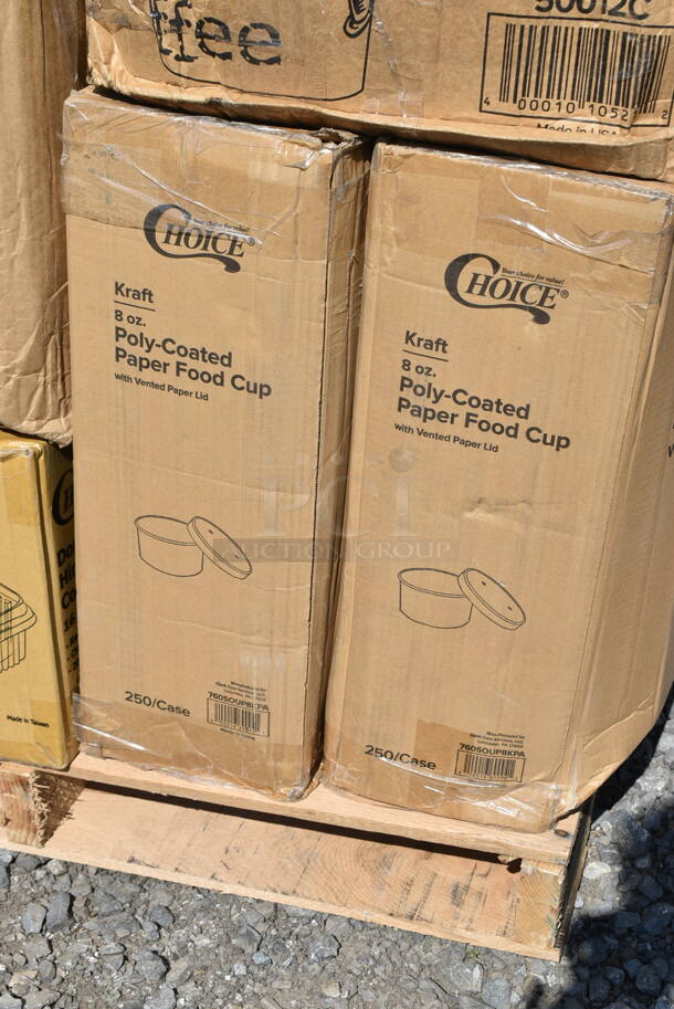 PALLET LOT of 41 BRAND NEW Boxes Including 2 Box 760SOUP8KPA Choice 8 oz. Kraft Poly-Coated Paper Food Cup with Vented Paper Lid - 250/Case, 50012C Choice 12 oz. Coffee Print Poly Paper Hot Cup - 1000/Case, 130WHSPOONH Choice White Heavy Weight Plastic Teaspoon - 1000/Case, 500CFT Lavex White C-Fold Standard Weight Towel - 2400/Case, 5014046XXH Lavex Pro 45 Gallon 3 Mil 40" x 46" Low Density Heavy-Duty Industrial Contractor Black Trash Bag / Can Liner - 50/Case, 130WHSPOONH Choice White Heavy Weight Plastic Teaspoon - 1000/Case, 130WBKFORKH Choice Black Heavy Weight Wrapped Plastic Fork - 1000/Case, 500LFLAT Choice Clear Flat Lid with Straw Slot - 9, 12, 16, 20, and 24 oz. - 1000/Case, 50010RIPKRPE Choice 10 oz. Double Wall Ripple Kraft Paper Hot Cup - 500/Case, 129MCR16B Choice 16 oz. Black 6 1/4" Round Microwavable Heavy Weight Container with Lid - 150/Case, 129MCS24B Choice 24 oz. Black Rectangular Microwavable Heavy Weight Container with Lid 8" x 5 1/4" x 2" - 150/Case, 50010W Choice 10 oz. White Poly Paper Hot Cup - 1000/Case, 124ASEAS12 American Metalcraft ASEAS12 12" Round Silver Hammered Aluminum Seafood Tray, 127CH16F Choice 16 oz. Clear RPET Tall Hinged Deli Container - 200/Case, 4 Box 475TCC0602 Lavex 6 9/16" x 2" Round Stainless Steel In-Counter Trash Chute. 41 Times Your Bid!  - Image 2 of 12