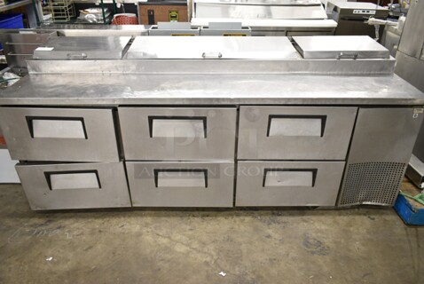 True TPP-93D-6 Stainless Steel Commercial Pizza Prep Table w/ 6 Drawers on Commercial Casters. 115 Volts, 1 Phase. Tested and Working!
