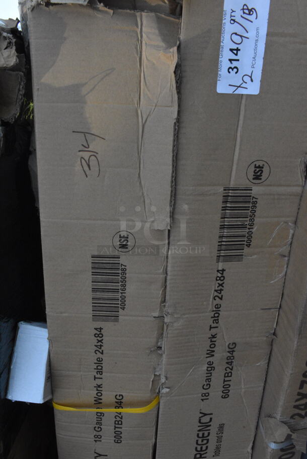 2 BRAND NEW SCRATCH AND DENT! Regency 600TB2484G 24" x 84" 18 Gauge 304 Stainless Steel Commercial Work Table with 4" Backsplash, Galvanized Legs, and Undershelf. 2 Times Your Bid! May Be Missing Pieces.  - Image 2 of 2