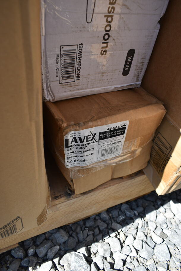 PALLET LOT of 41 BRAND NEW Boxes Including 2 Box 760SOUP8KPA Choice 8 oz. Kraft Poly-Coated Paper Food Cup with Vented Paper Lid - 250/Case, 50012C Choice 12 oz. Coffee Print Poly Paper Hot Cup - 1000/Case, 130WHSPOONH Choice White Heavy Weight Plastic Teaspoon - 1000/Case, 500CFT Lavex White C-Fold Standard Weight Towel - 2400/Case, 5014046XXH Lavex Pro 45 Gallon 3 Mil 40" x 46" Low Density Heavy-Duty Industrial Contractor Black Trash Bag / Can Liner - 50/Case, 130WHSPOONH Choice White Heavy Weight Plastic Teaspoon - 1000/Case, 130WBKFORKH Choice Black Heavy Weight Wrapped Plastic Fork - 1000/Case, 500LFLAT Choice Clear Flat Lid with Straw Slot - 9, 12, 16, 20, and 24 oz. - 1000/Case, 50010RIPKRPE Choice 10 oz. Double Wall Ripple Kraft Paper Hot Cup - 500/Case, 129MCR16B Choice 16 oz. Black 6 1/4" Round Microwavable Heavy Weight Container with Lid - 150/Case, 129MCS24B Choice 24 oz. Black Rectangular Microwavable Heavy Weight Container with Lid 8" x 5 1/4" x 2" - 150/Case, 50010W Choice 10 oz. White Poly Paper Hot Cup - 1000/Case, 124ASEAS12 American Metalcraft ASEAS12 12" Round Silver Hammered Aluminum Seafood Tray, 127CH16F Choice 16 oz. Clear RPET Tall Hinged Deli Container - 200/Case, 4 Box 475TCC0602 Lavex 6 9/16" x 2" Round Stainless Steel In-Counter Trash Chute. 41 Times Your Bid!  - Image 7 of 12