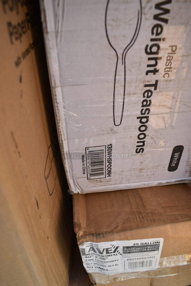 PALLET LOT of 41 BRAND NEW Boxes Including 2 Box 760SOUP8KPA Choice 8 oz. Kraft Poly-Coated Paper Food Cup with Vented Paper Lid - 250/Case, 50012C Choice 12 oz. Coffee Print Poly Paper Hot Cup - 1000/Case, 130WHSPOONH Choice White Heavy Weight Plastic Teaspoon - 1000/Case, 500CFT Lavex White C-Fold Standard Weight Towel - 2400/Case, 5014046XXH Lavex Pro 45 Gallon 3 Mil 40" x 46" Low Density Heavy-Duty Industrial Contractor Black Trash Bag / Can Liner - 50/Case, 130WHSPOONH Choice White Heavy Weight Plastic Teaspoon - 1000/Case, 130WBKFORKH Choice Black Heavy Weight Wrapped Plastic Fork - 1000/Case, 500LFLAT Choice Clear Flat Lid with Straw Slot - 9, 12, 16, 20, and 24 oz. - 1000/Case, 50010RIPKRPE Choice 10 oz. Double Wall Ripple Kraft Paper Hot Cup - 500/Case, 129MCR16B Choice 16 oz. Black 6 1/4" Round Microwavable Heavy Weight Container with Lid - 150/Case, 129MCS24B Choice 24 oz. Black Rectangular Microwavable Heavy Weight Container with Lid 8" x 5 1/4" x 2" - 150/Case, 50010W Choice 10 oz. White Poly Paper Hot Cup - 1000/Case, 124ASEAS12 American Metalcraft ASEAS12 12" Round Silver Hammered Aluminum Seafood Tray, 127CH16F Choice 16 oz. Clear RPET Tall Hinged Deli Container - 200/Case, 4 Box 475TCC0602 Lavex 6 9/16" x 2" Round Stainless Steel In-Counter Trash Chute. 41 Times Your Bid!  - Image 8 of 12