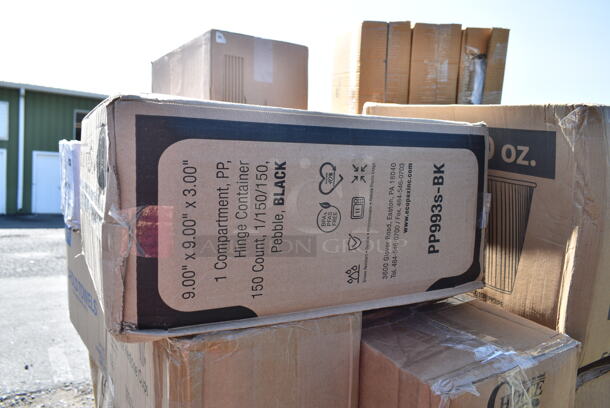PALLET LOT of 41 BRAND NEW Boxes Including 2 Box 760SOUP8KPA Choice 8 oz. Kraft Poly-Coated Paper Food Cup with Vented Paper Lid - 250/Case, 50012C Choice 12 oz. Coffee Print Poly Paper Hot Cup - 1000/Case, 130WHSPOONH Choice White Heavy Weight Plastic Teaspoon - 1000/Case, 500CFT Lavex White C-Fold Standard Weight Towel - 2400/Case, 5014046XXH Lavex Pro 45 Gallon 3 Mil 40" x 46" Low Density Heavy-Duty Industrial Contractor Black Trash Bag / Can Liner - 50/Case, 130WHSPOONH Choice White Heavy Weight Plastic Teaspoon - 1000/Case, 130WBKFORKH Choice Black Heavy Weight Wrapped Plastic Fork - 1000/Case, 500LFLAT Choice Clear Flat Lid with Straw Slot - 9, 12, 16, 20, and 24 oz. - 1000/Case, 50010RIPKRPE Choice 10 oz. Double Wall Ripple Kraft Paper Hot Cup - 500/Case, 129MCR16B Choice 16 oz. Black 6 1/4" Round Microwavable Heavy Weight Container with Lid - 150/Case, 129MCS24B Choice 24 oz. Black Rectangular Microwavable Heavy Weight Container with Lid 8" x 5 1/4" x 2" - 150/Case, 50010W Choice 10 oz. White Poly Paper Hot Cup - 1000/Case, 124ASEAS12 American Metalcraft ASEAS12 12" Round Silver Hammered Aluminum Seafood Tray, 127CH16F Choice 16 oz. Clear RPET Tall Hinged Deli Container - 200/Case, 4 Box 475TCC0602 Lavex 6 9/16" x 2" Round Stainless Steel In-Counter Trash Chute. 41 Times Your Bid!  - Image 9 of 12