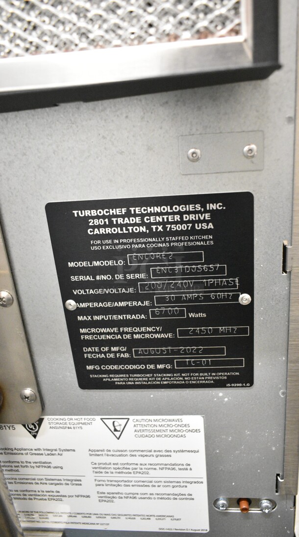 BRAND NEW SCRATCH AND DENT! 2022 Turbochef Encore 2 Stainless Steel Commercial Countertop Electric Powered Rapid Cook Oven. 208/240 Volts, 1 Phase. - Image 10 of 10