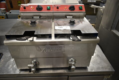 2023 Avantco 177F202 Stainless Steel Commercial Countertop Electric Powered 2 Bay Fryer w/ Lids and Metal Fry Baskets. 208-240 Volts, 1 Phase.