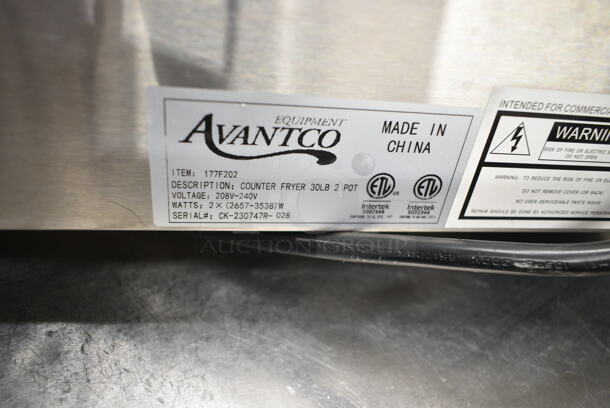 2023 Avantco 177F202 Stainless Steel Commercial Countertop Electric Powered 2 Bay Fryer w/ Lids and Metal Fry Baskets. 208-240 Volts, 1 Phase. - Image 10 of 10
