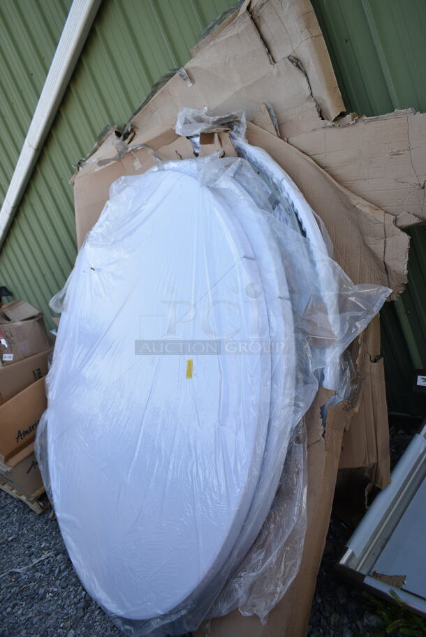 4 BRAND NEW SCRATCH AND DENT! Lancaster Table & Seating 384YCZ72RND  72" Round Heavy-Duty Granite White Plastic Folding Table. 4 Times Your Bid!  - Image 2 of 3