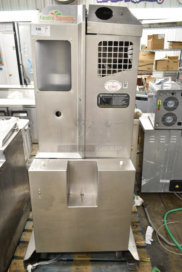 Fresh N Squeeze POS-1 Stainless Steel Commercial Floor Style Automatic Citrus Juicer on Commercial Casters. 120 Volts, 1 Phase. Tested and Working! - Image 1 of 11