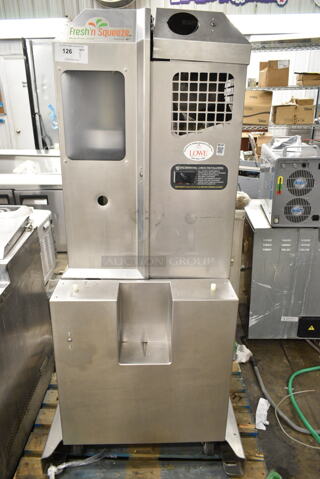 Fresh N Squeeze POS-1 Stainless Steel Commercial Floor Style Automatic Citrus Juicer on Commercial Casters. 120 Volts, 1 Phase. Tested and Working!