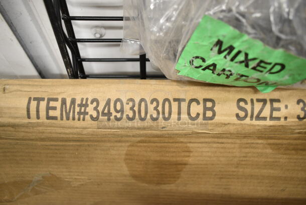 3 BRAND NEW SCRATCH AND DENT! Items Including Lancaster Table & Seating 3493030TCB 30" x 30" Laminated Square Table Top Reversible Cherry / Black, Baker's Lane 176C3IBM Cart for 3 Ingredient Bins, Black Finish Wire Shelf. 3 Times Your Bid!  - Image 3 of 5