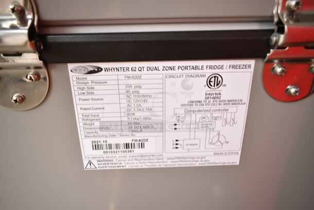 BRAND NEW SCRATCH AND DENT! Whynter FM-62DZ 62 Quart Dual Zone Portable Refrigerator and Deep Freezer Chest, AC 110V/ DC 12V, Real Freezer for Car, Home, and RV, -8°F to 50°F Temperature Range. 115 Volts, 1 Phase. Tested and Working! - Image 8 of 8