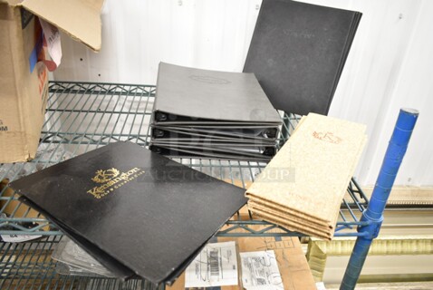 ALL ONE MONEY! Lot of 5 Plywood Pattern Wine List Covers, 5 Grey Wine List Binders, 2 Black Wine List Binders, 37 Kensington Pieces