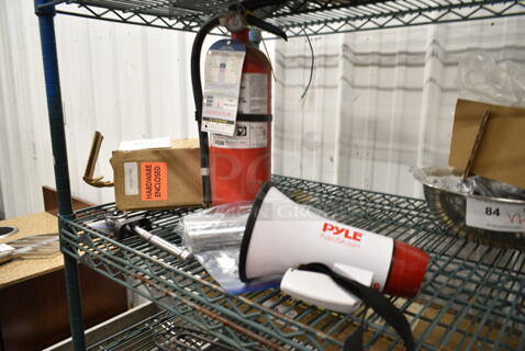 6 Items Including Pyle Megaphone, 6141A2510103 Pitco A2510103 Curved 1 1/2" Drain Pipe, TEQ TP731113C Wrench, Fire Extinguisher, Hardware. 6 Times Your Bid! We Will Not Ship The Fire Extinguisher. 