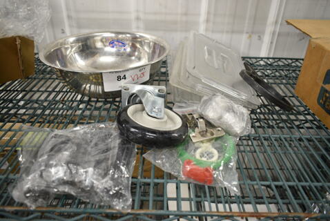 ALL ONE MONEY! Lot of Various Items Including Commercial Caster, Metal Bowl and Poly 1/3 Size Drop In Bin Lids