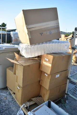 PALLET LOT of 14 BRAND NEW Boxes Including 21895151 Cato 95151 Warrior Red Surface-Mounted Fire Extinguisher Cabinet with Clear Pull-Cover for 10 lb. Fire Extinguishers, 427BASECNR50 Lancaster Table & Seating 50 lb. Black Round Concrete Umbrella Base,  CB2961. 14 Times Your Bid! 