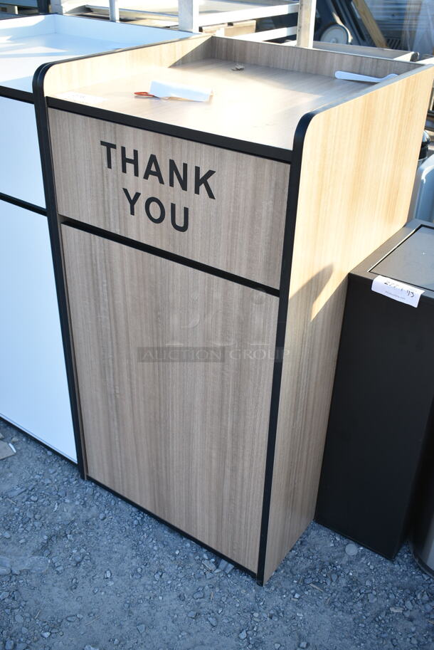 3 BRAND NEW SCRATCH AND DENT! Items; Lancaster Table & Seating Waste 35 Gallon Weathered Walnut Receptacle Enclosure with "THANK YOU" Swing Door, Lancaster Table & Seating Waste 35 Gallon White Receptacle Enclosure with "THANK YOU" Swing Door, Lancaster Table & Seating Waste 35 Gallon Concrete Receptacle Enclosure with "THANK YOU" Swing Door. 3 Times Your Bid! - Image 3 of 8