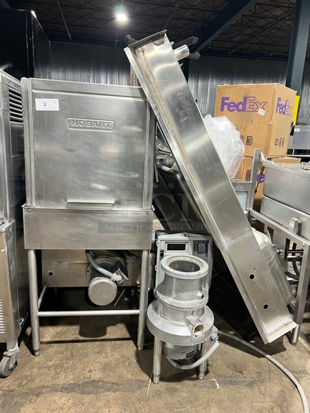 Hobart Heavy Duty Commercial Upright Pass Through Dishwasher! With Entering & Receiving Wash Table! With Garbage Disposal!  All Stainless Steel! On Legs!