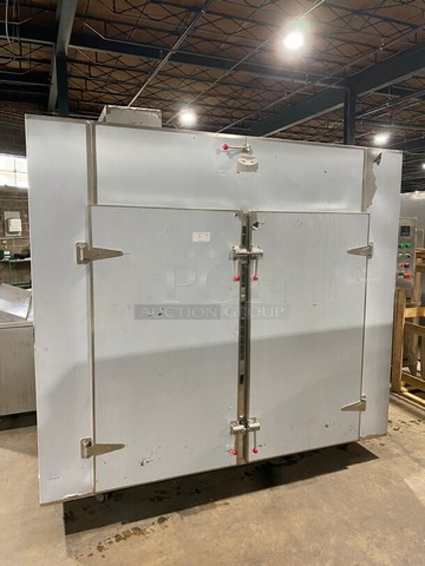 AMAZING! BRAND NEW! NEVER USED! Solid Stainless Steel Commercial 2 Door Roll In Rack Smoker Box! With Racks And Pans Included! - Image 1 of 10