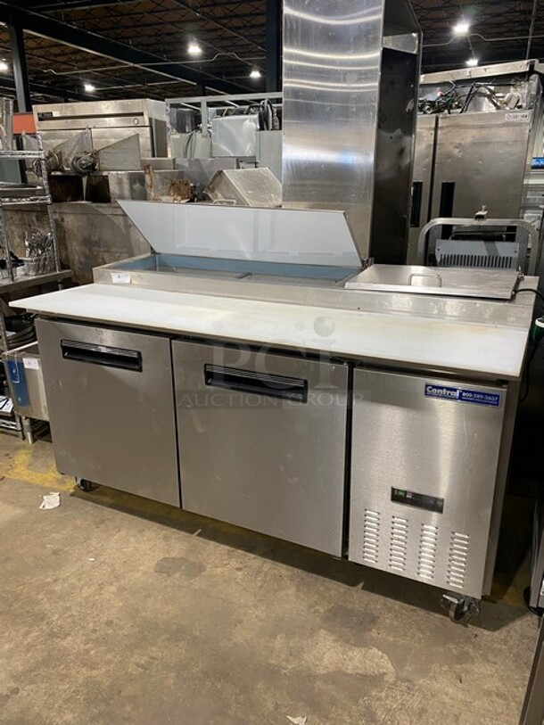 Sweet! LATE MODEL! Central Commercial Refrigerated Pizza Prep Table! With Full Length Removable Cutting Board! With 2 Door Refrigerated Storage Underneath! With Poly Coated Racks! 115V 1 Phase! Model: 69K014 SN: 8060492! On Commercial Casters! Working When Removed!  - Image 6 of 12