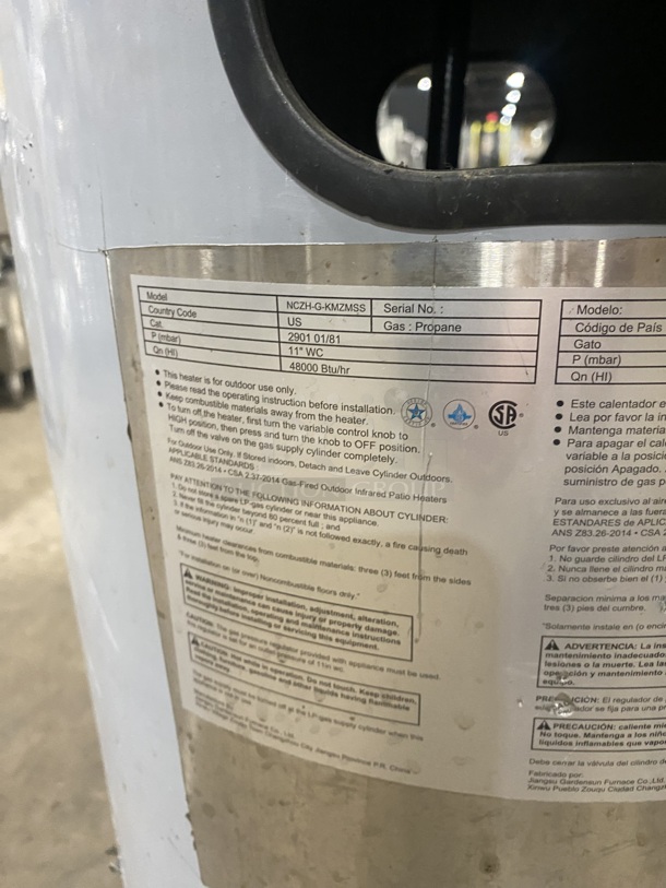 Nice! Stainless Steel Propane Powered Heater For Outdoor Use Only!
Model NCZH-G-KMZMSS - Image 4 of 5