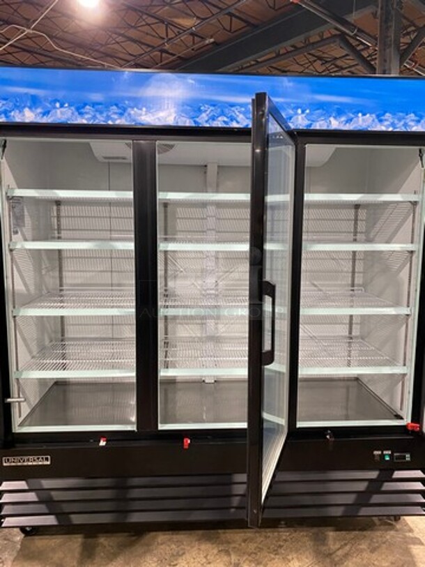 COOL! Universal Coolers Commercial 3 Door Reach In Cooler Merchandiser! With View Through Doors! With Poly Racks! On Casters! Model: EGDMF80B SN: 6115314921051102 115V - Image 5 of 9