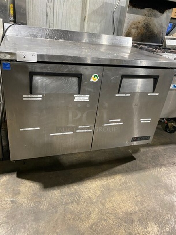 True Commercial 2 Door Refrigerated Lowboy/Worktop Cooler! With Backsplash! All Stainless Steel! On Casters! WORKING WHEN REMOVED! Model: TWT48 SN: 7214715 115V 60HZ 1 Phase