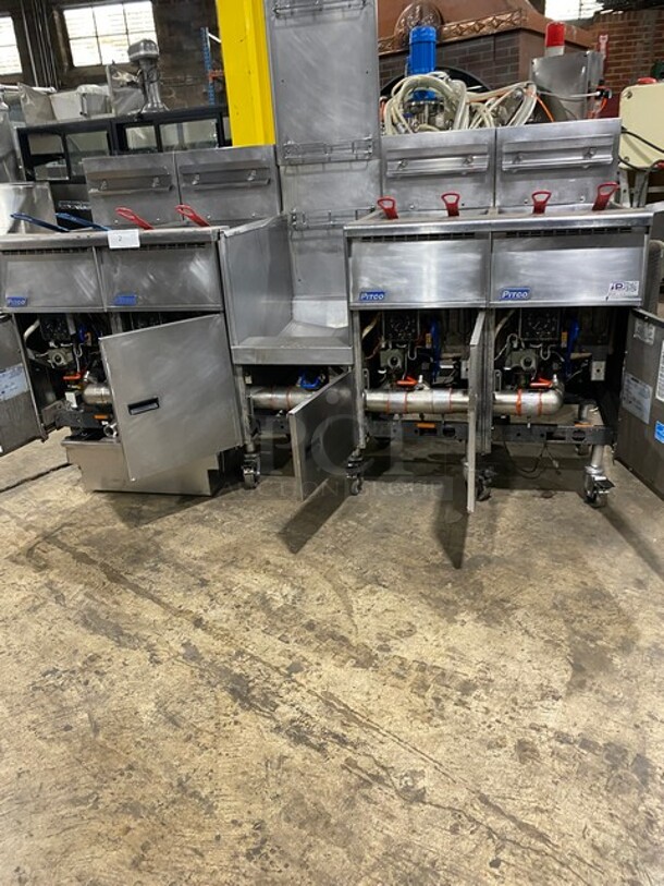 GREAT! Pitco Frialator 4 Bay Natural Gas Powered Commercial Deep Fat Fryer! With Middle Dump Station! With 8 Frying Baskets! With Oil Filter System! All Stainless Steel! MODEL: SGH50 SN: G11BD005229! 115V! On Casters! Working When Removed!  - Image 9 of 12