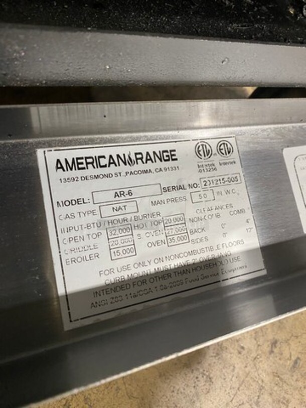NICE!  American Range Natural Gas Powered 6 Burner Stove! With Full Size Oven Underneath! With Raised Back Splash And Salamander! All Stainless Steel! On Casters! Model: AR6 SN: 201215005 - Image 11 of 12