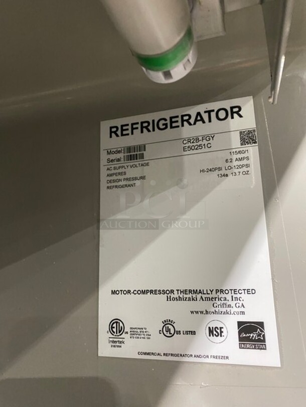 GREAT! Hoshizaki Commercial Double Glass Door Reach In Refrigerator! All Stainless Steel! With Built In Pan Racks! On Casters! 115V 1 Phase! Model: CR2B-FGY SN: E50251C!
 - Image 8 of 10