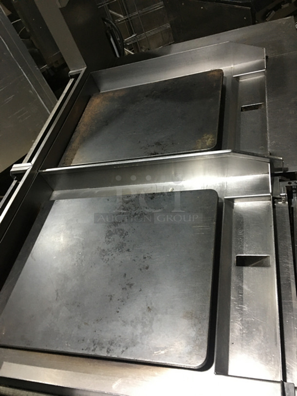 AMAZING! Southbend Commercial Heavy Duty Natural Gas Powered Double Plancha Workstation! With Dual Sided Work Ends! With Dual Sided Back Splash And Salamander Shelves! With Storage Space Underneath! All Stainless Steel! On Casters! Model: PC12CS SN: 16K51295 - Image 5 of 12