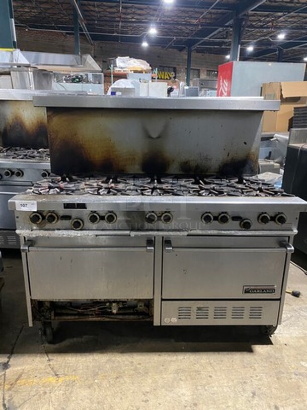 Garland Natural Gas Powered 10 Burner Stove! With 2 Full-Sized Convection Ovens! With Metal Oven Racks! With Raised Back Splash & Salamander Shelf! Stainless Steel! On Casters! WORKING WHEN REMOVED! - Image 1 of 11