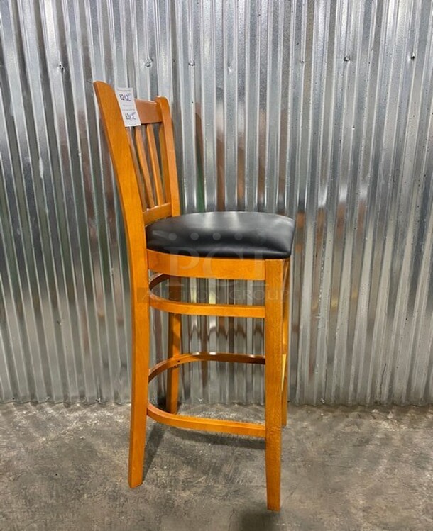 NICE!  NEW! Premium Us Made Vertical Slat Wood Bar Stool! With Black Vinyl Seat! 2x Your Bid! - Image 2 of 7