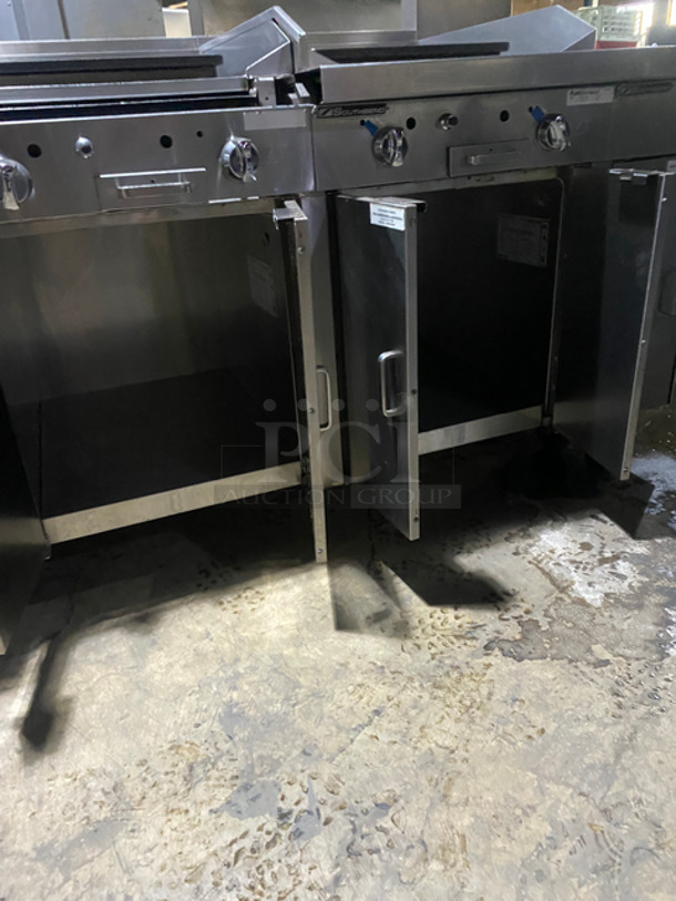 AMAZING! Southbend Commercial Heavy Duty Natural Gas Powered Double Plancha Workstation! With Dual Sided Work Ends! With Dual Sided Back Splash And Salamander Shelves! With Storage Space Underneath! All Stainless Steel! On Casters! Model: PC24CPP SN: 16K51296 - Image 8 of 12