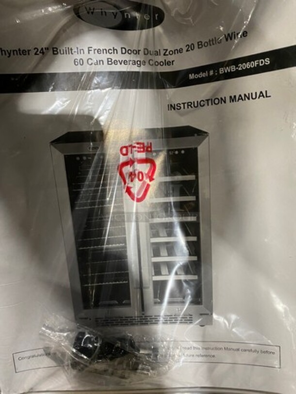 NEW! OUT OF THE BOX! SCRATCH-N-DENT! Whynter French Door Dual Zone Wine And Beer Can Cooler! With Through Doors! Wooden Wine Racks And Metal Racks! 20 Wine Bottle 60 Beer Can Capacity! Model: BWB2060FDS 115V - Image 9 of 10