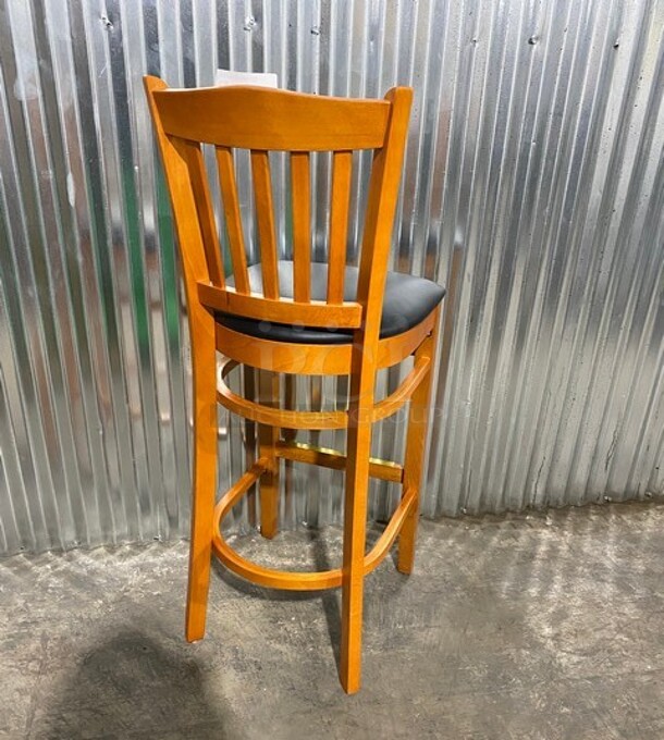 NICE!  NEW! Premium Us Made Vertical Slat Wood Bar Stool! With Black Vinyl Seat! 2x Your Bid! - Image 3 of 7