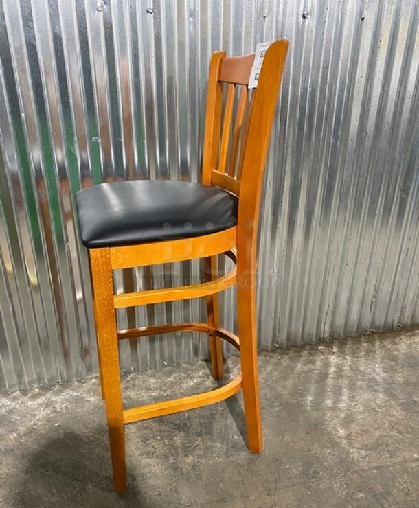 NICE!  NEW! Premium Us Made Vertical Slat Wood Bar Stool! With Black Vinyl Seat! 2x Your Bid! - Image 4 of 7