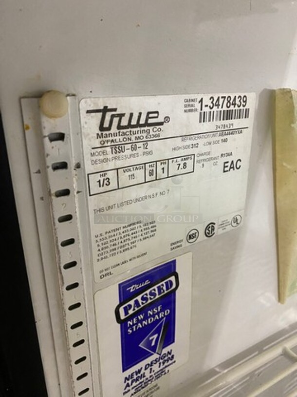 True Commercial Refrigerated Sandwich Prep Table! With 2 Door Underneath Storage Space! All Stainless Steel! On Legs! Model: TSSU6012 SN: 13478439 115V 60HZ 1 Phase - Image 7 of 9
