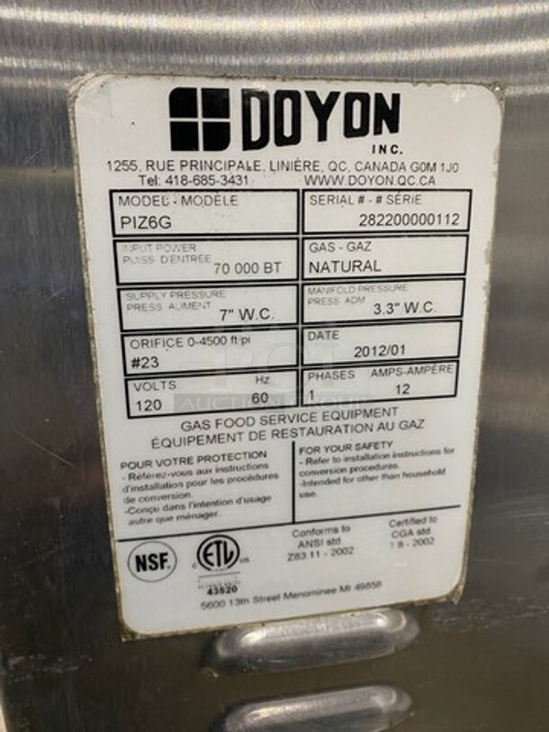 WOW! 2012 Doyon Commercial Natural Gas Powered Tripple Deck Pizza/ Baking Oven! With Shelf Storage Underneath! All Stainless Steel! On Casters! Model: PIZ6G SN: 282200000112 - Image 8 of 10