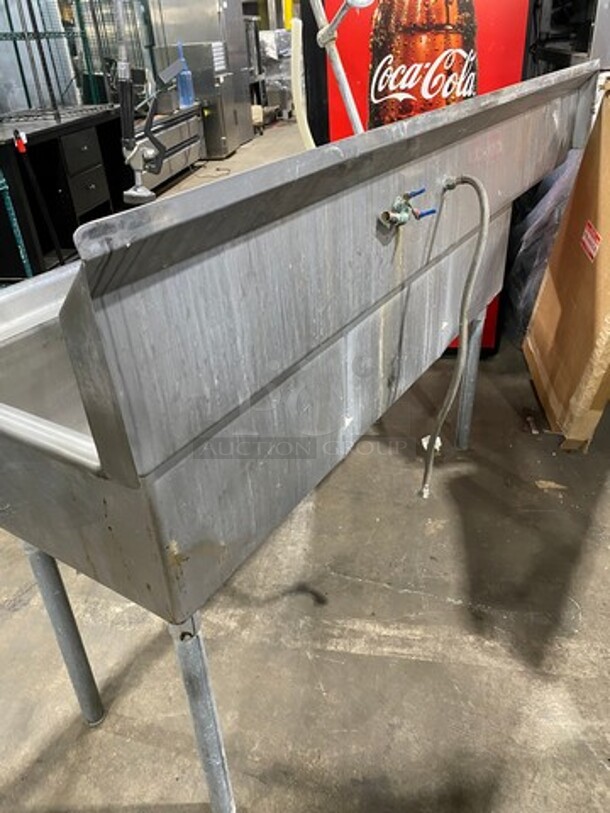 Commercial 3 Compartment Dish Washing Sink! With Single Side Drain Board! With Jet Spray Assembly! With Back Splash! On Legs! - Image 3 of 7
