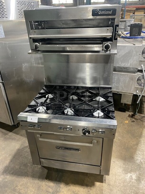 NICE! Southbend Commercial Natural Gas Powered 6 Burner Stove! With Raised Back Splash And Garland Salamander! With Oven Underneath! All Stainless Steel! On Legs!