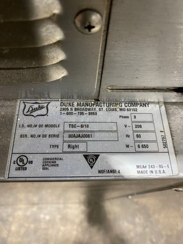 Duke Commercial Electric Powered Oven Proofer! With View Through Doors! Metal Racks! All Stainless Steel! On Casters! Model: TSC6/18 SN: 30AJAJ0061 208V 60HZ 3 Phase - Image 7 of 12