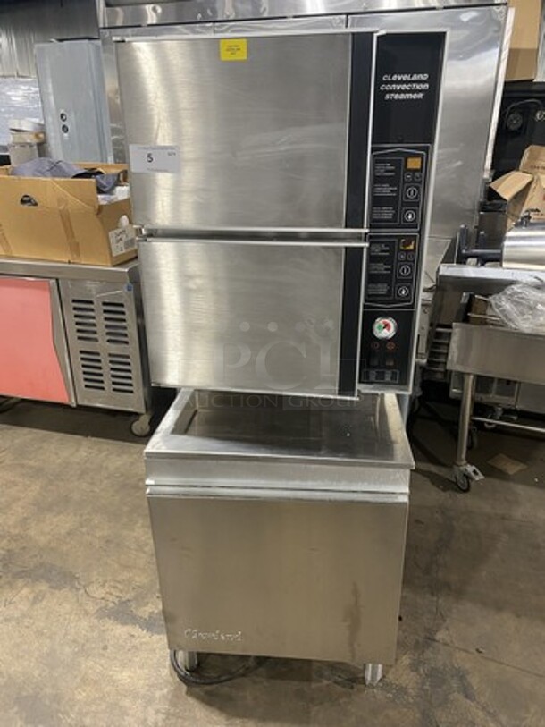 Sweet! Cleveland Natural Gas Powered Dual Cabinet Convection Steamer! All Stainless Steel! Model 6CG11300 Serial I107077-89F-01! ON Legs! 
