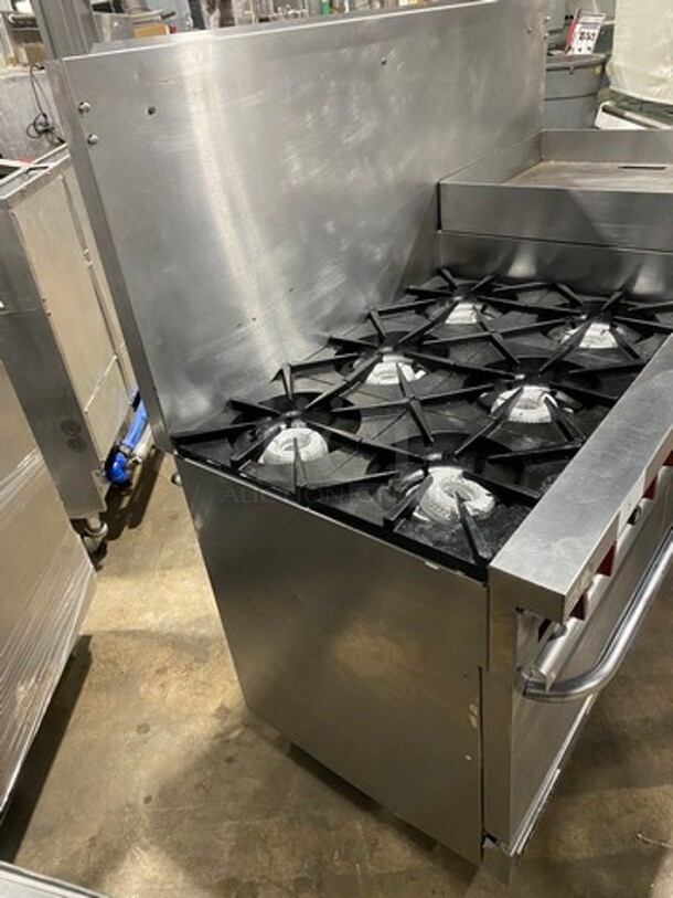 Sweet! LATE MODEL! Vulcan Commercial Natural Gas Powered 6 Burner Stove! With Right Side Flat Griddle & Cheese Melter Combo! Griddle Has Side Splashes! With Raised Back Splash! With 2 Oven Underneath! All Stainless Steel! Working When Removed! - Image 2 of 12