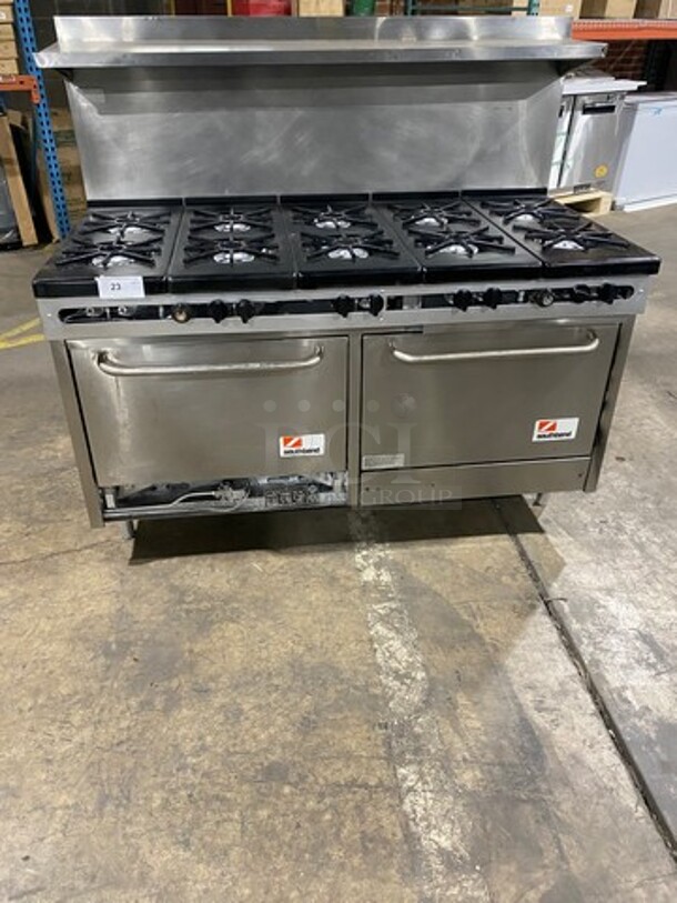 GREAT! Southbend Commercial Natural Gas Powered 10 Burner Stove! With Raised Back Splash And Salamander Shelf! With 2 Full Size Oven Underneath! All Stainless Steel! On Legs! Model: 320D SN: 20N04G53572