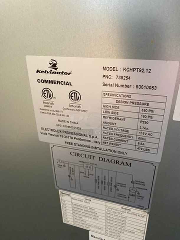 NICE! SCRATCH-N-DENT! Kelvinator Commercial Refrigerated Pizza Prep Table! With Commercial Cutting Board! With 3 Door Storage Space Underneath! All Stainless Steel! On Casters! Model: KCHPT9212 SN: 93610053 115V - Image 5 of 12