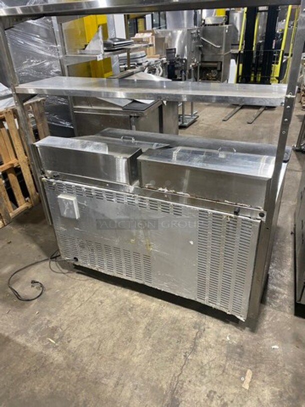 Continental Commercial Refrigerated Sandwich Prep Table! With Double Over Head Shelf! With 2 Door Underneath Storage Space! With Poly Coated Racks! All Stainless Steel! Model: SW6024M Serial 15713729! 115V 1Phase! On Casters!
 - Image 3 of 10